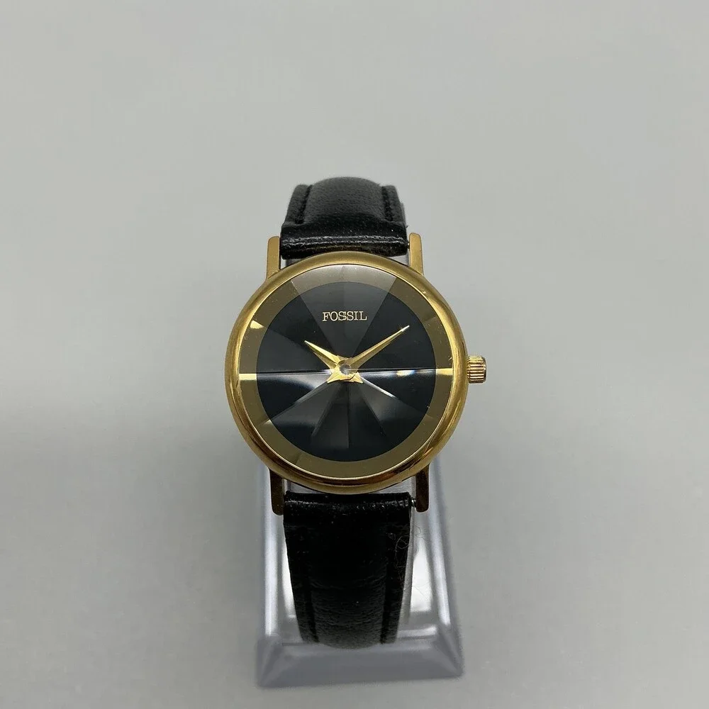 Vintage Fossil PC-7314 Women Watch 26mm Black Dial Gold Tone Rivole New Battery